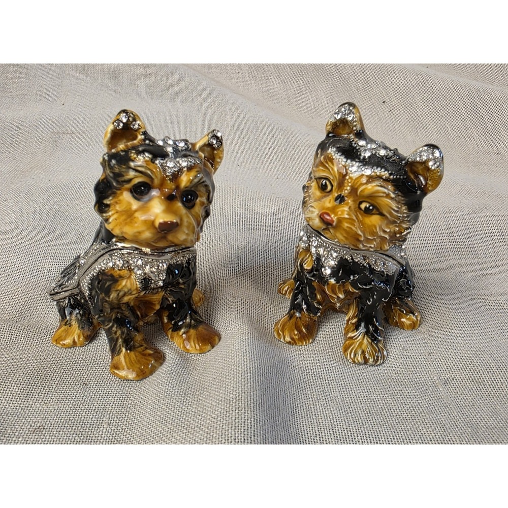 Vintage Yorkie Bejeweled Enamel Fabrege Style Hinged Trinket Boxes‎ Perfect!